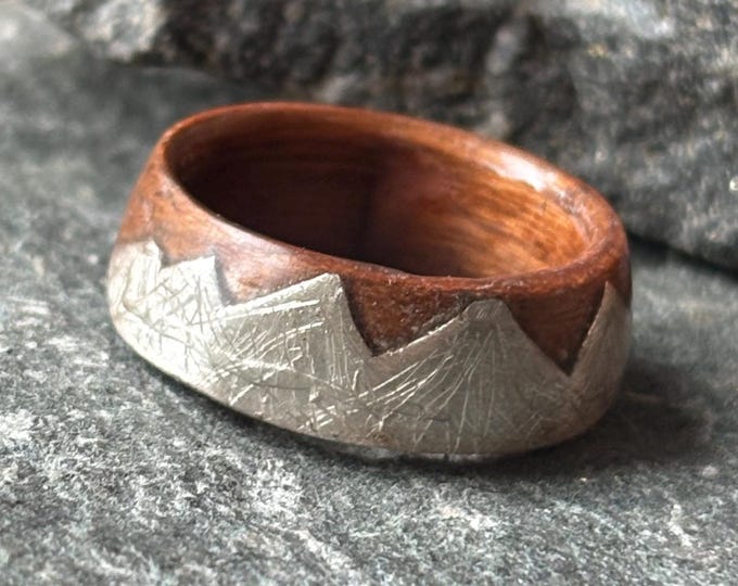 Cherry Wood Silver Mountain Ring, Rustic Handmade Band, Swiss Jungfrau Design