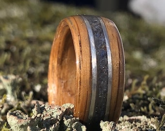 Wood Wedding Band made of Whiskey Barrel, Double Silver 925 inlay and Lapis Lazuli Gemstone, Whiskey Barrel  Mens Wedding Bands, Handmade