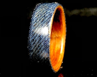 Original and personalized denim pants ring, unique handcrafted wood and blue jeans ring, perfect gift ring handmade in Canada