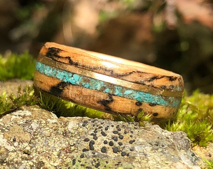 Canadian Maple Sugar Wooden Ring from Mont Shefford, Turquoise inlay, Yellow Gold 14k, Wood RIng, Mens Wedding Bands, Women Promise Ring