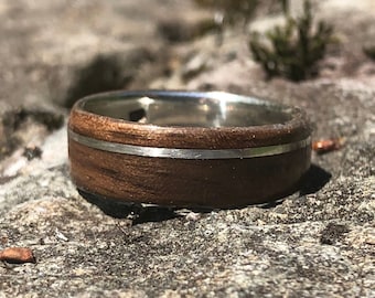 Mens Engagement Ring, 925 Silver men wedding ring  made of Walnut and Offset Silver inlay