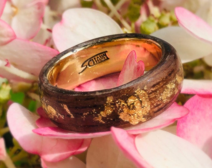 14k Gold Wedding Ring for Women, Recycled Wood Band, 24k Yellow Gold Leaf, Canadian Made, Eco-Friendly Bridal Band