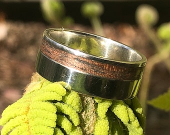 Luxury Silver 925 Wedding Ring, 2mm Walnut Wood offset Inlay, Made in Canada, Silver Wedding Bands, Mens Wedding Bands, Wooden Ring