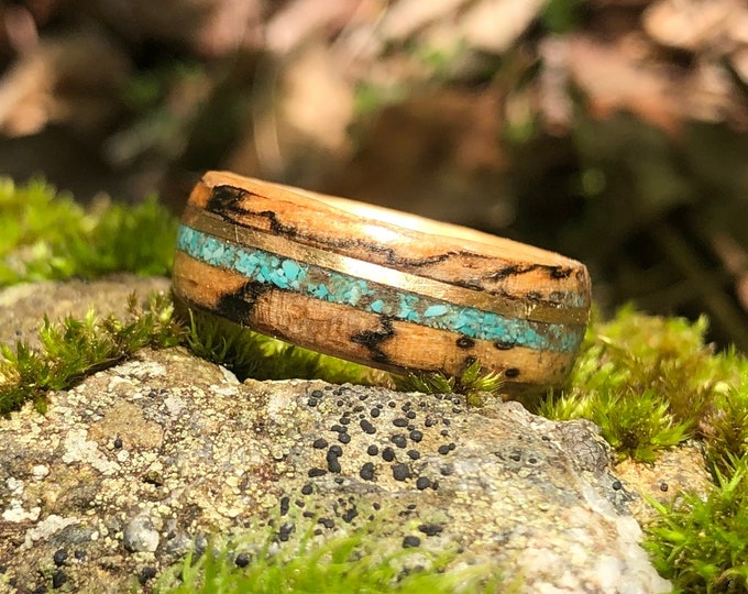 Spatle Maple Sugar Wooden ring from Mount Shefford in Quebec Canada Turquoise inlay and Goild 14k wire, Nature Ring, Meditation ring,
