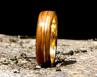 14K Yellow Gold Whiskey Barrel Wooden Ring, Gold Wood Ring, Engagement Band, 18K Gold Band, Yellow Gold Rings