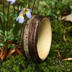 以下が含まれることがあります： 茶色と白の木目模様のついた木製の指輪。指輪は明るい木と暗い木の2種類の木材で作られています。