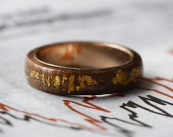 14k Gold Ring, Men's Wedding Ring, Handmade Gold Wood Ring, Walnut Wood Ring, Minimalist Jewelry, Gold Band Ring