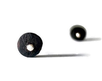 Black stud earrings for Valentine's day gift. Round recycled wood earring studs. Natural wood studs