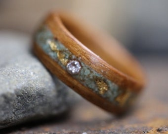 Cherry Wood Ring with Stone and Turquoise Inlay, Customizable Wood Ring, Wood Bands, Wooden Ring, Wooden Jewelry