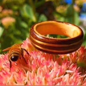 The Honey Bee Wooden Ring bring aboundance, Made of Rosewood , Maple Sugar , Gold 14k inlay, Vintage engagement ring, Anniversary image 2