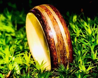 Wood Wedding Ring for Men, Gold Wire Inlay, 14K Yellow Gold Band, Wooden Ring, Bridal Ring, His Her Band