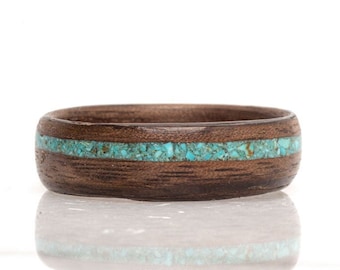 Turquoise Wood Wedding Band – Men’s Walnut Ring – Recycled Handmade Engagement Ring – Couple Promise Ring – Rustic Jewelry