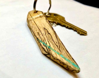 Original wooden keychain. Cardinal keychain inlaid with gold 14k and turquoise gemstone