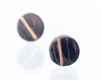 Wenge 14K Gold Earrings, Jewelry ,Wood Earrings for woman, Wedding gauge, Fake gauge, Fake gauge earring, Wooden stud earring, Wooden