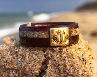 The CapeCod Nautic Ring made on Beach Inlay and Brass Anchor, Nautic Ring, Nautic Jewelry, CapeCod North East, Wooden Ring, Wood Ring,