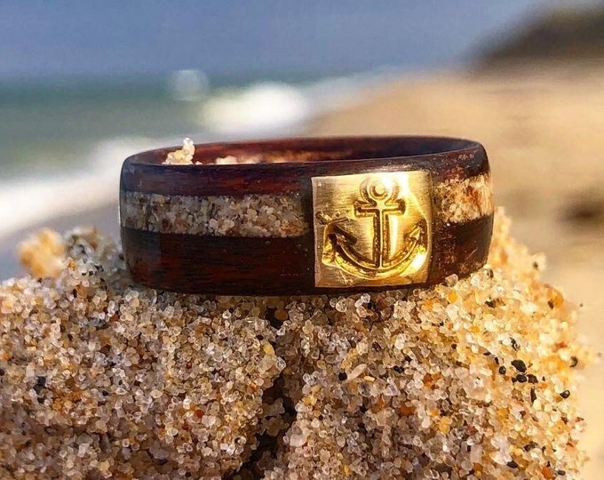 The CapeCod Nautic Ring made on Beach Inlay and Brass Anchor, Nautic Ring, Nautic Jewelry, CapeCod North East, Wooden Ring, Wood Ring,