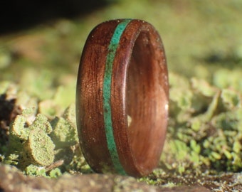 Green malachite and recycled wood engagement ring for men