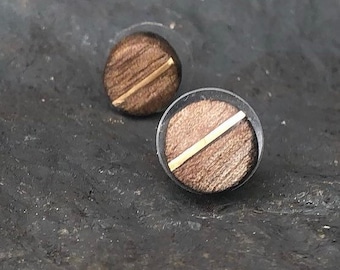 Wooden stud earrings with gold inlay. Handcrafted recycled wood earring studs. Minimalist round stud earrings