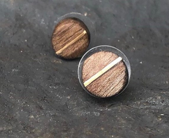 Wooden stud earrings with gold inlay. Handcrafted recycled wood earring studs. Minimalist round stud earrings