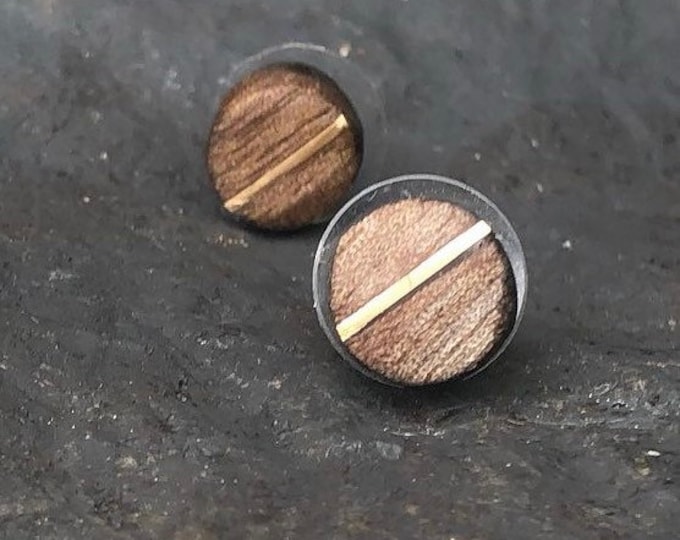 Wooden stud earrings with gold inlay. Handcrafted recycled wood earring studs. Minimalist round stud earrings