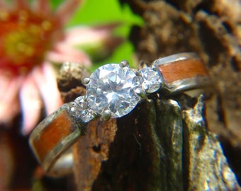 Moissanite Cherry Trinity Ring, Wooden Wedding Bands, 18K Gold Band, Engagement Ring, Wood Rings, Unique Jewelry