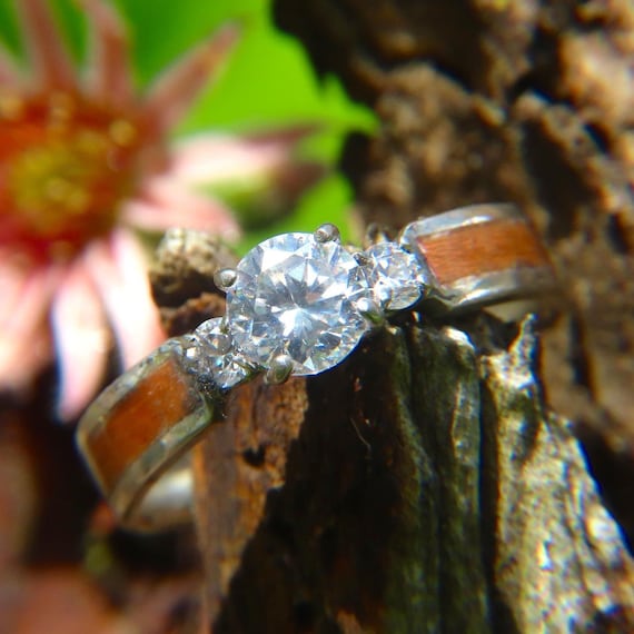 Moissanite Cherry Trinity Ring, Wooden Wedding Bands, 18K Gold Band, Engagement Ring, Wood Rings, Unique Jewelry