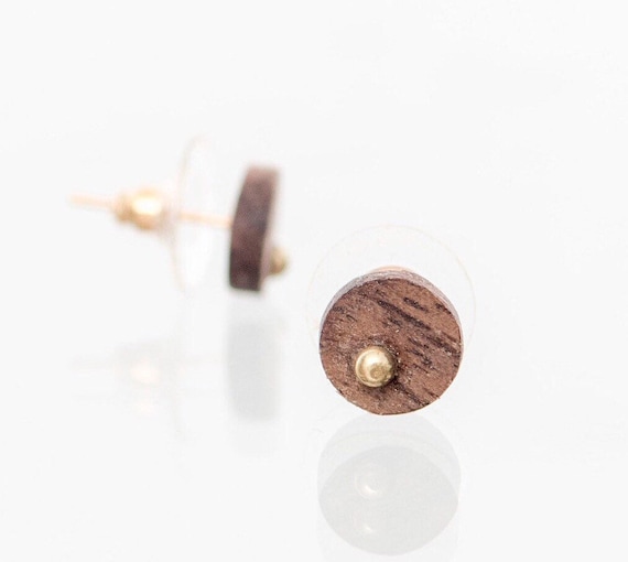 Wooden Earrings, Walnut and Yellow Gold 14K, Jewelry , Wood studs, Wooden dangle earrings, Wooden ear studs, Wooden earrings for women,