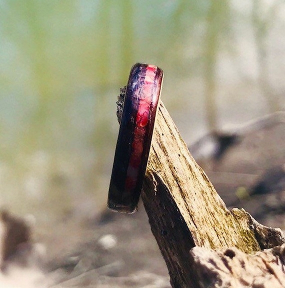 Pacific Red Coral Ebony Ring – Maple Sugar Wood Ring – Vintage Wooden Engagement Ring – Anniversary Jewelry