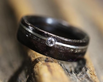 MONT BLANC RING, Moissanite White Gold Liner Black ebony and white quartz couple engagement ring handmade in Montréal