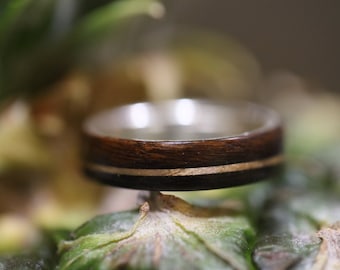 Mens Wood Wedding Band made of Silver, Gold 14k inlay and Rosewood liner, Nature Engagement Ring, Promise Ring for Him, Mens Wood Ring,