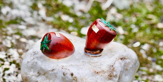 Set of Two Wooden Red Strawberry, Made of Padouk Wood, Wooden Lathe creation, made in Canada, Fruits