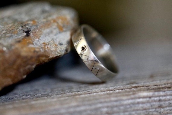 Solar Eclipse Ring with Black Diamond, Silver 925 Band, Mountain and Forest, Engagement Band, Nature Inspired