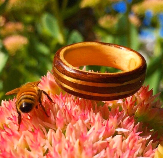 Men's Wood Ring, Wedding Band for Women, Dual Gold Bands, Walnut Wood Ring, Unique Wedding Jewelry, Gift for Couples