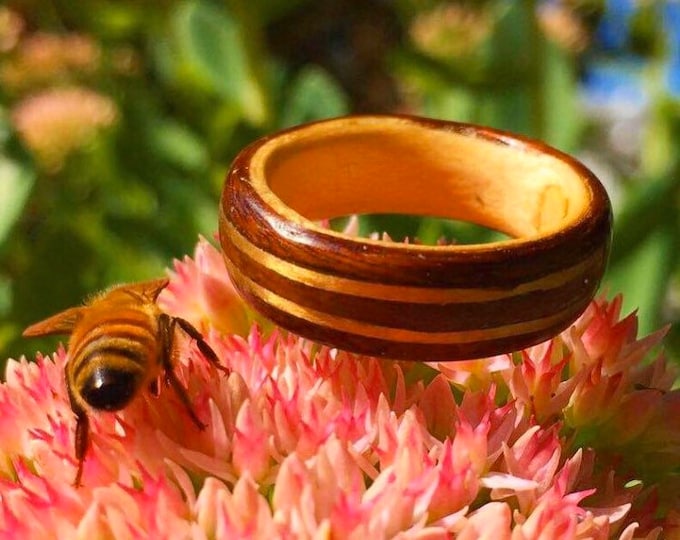 Men's Wood Ring, Wedding Band for Women, Dual Gold Bands, Walnut Wood Ring, Unique Wedding Jewelry, Gift for Couples