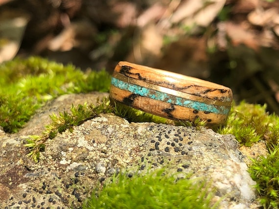 Canadian Maple Wood Wedding Ring, Turquoise Inlay, 14k Yellow Gold Wire, Personalized Ring, Rustic Band, Anniversary Gift