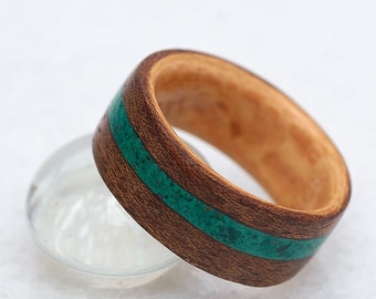 Wooden wedding anniversary ring for wife with green malachite
