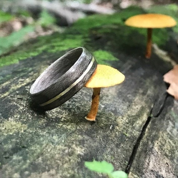 Artisan Men's Ring with 14k Gold Mushroom Inlay, Maple Grey Band, Wedding Band, Unique Gold Jewelry, Gift for Him