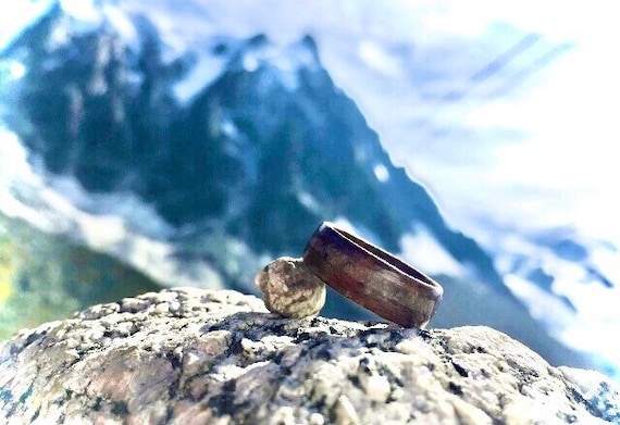 Mont Blanc Ring, Black ebony ring inlaid with quartz from Mont Blanc, French Alps - A wedding ring with recycled wood - Personalized gift,