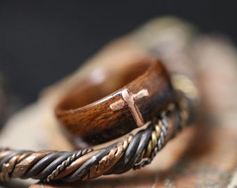 Mens wood wedding band with Copper St-Benoit du Lac Jesus Cross, Wooden engagement ring, Wooden ring men, Rustic wood ring made in Canada