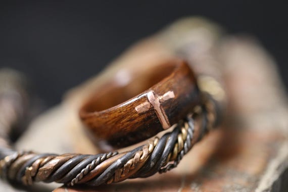 Mens wood wedding band with Copper St-Benoit du Lac Jesus Cross, Wooden engagement ring, Wooden ring men, Rustic wood ring made in Canada