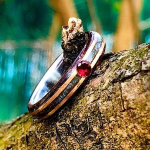 Engagement Ring, Red ruby 3mm Ebony Turquoise and silver line old Wood Wedding Ring Comfort Fit, Gold Wood Wedding Ring, Mens Wood Wedding