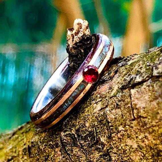 Engagement Ring, Red ruby 3mm Ebony Turquoise and silver line old Wood Wedding Ring Comfort Fit, Gold Wood Wedding Ring, Mens Wood Wedding