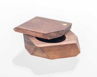 Handcrafted log wood ring box. Personalized proposal wooden ring box. Walnut wood jewelry box handmade in Montreal