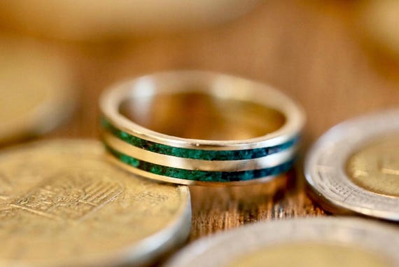 18K Gold Saint Patrick's Ring, Malachite Gemstone, Wedding Band, Men's Ring, Women's Ring, Malachite Jewelry