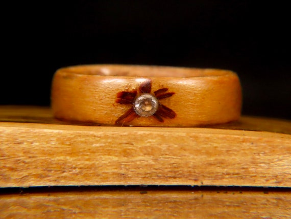 La Bague de la Fleur in Wood, Moissanite Ring 3mm, Engagement Ring, Cherry Wood Band, Luxe Wooden Ring