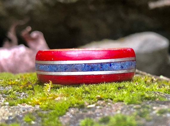 Special Edition The Canadian Hockey Fan Ring, Lapis lazuli, Silver 925, Red Wood and recycled wood wedding ring for men