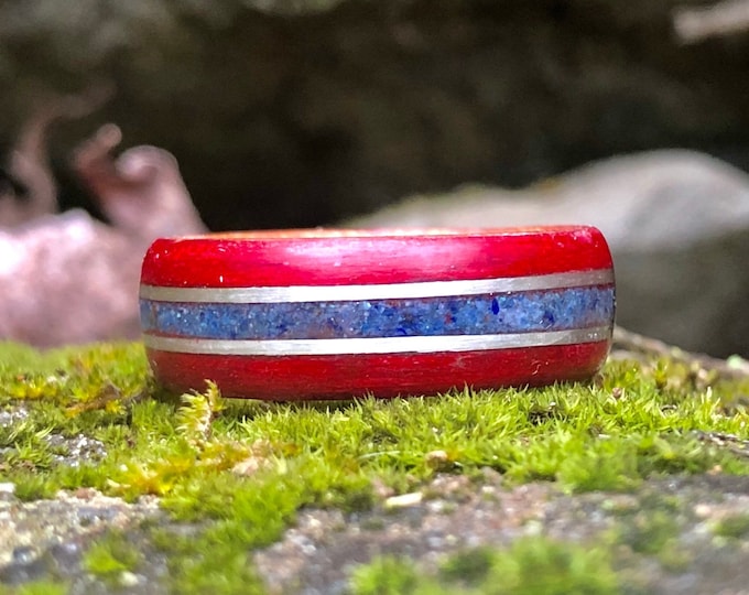 Special Edition The Canadian Hockey Fan Ring, Lapis lazuli, Silver 925, Red Wood and recycled wood wedding ring for men