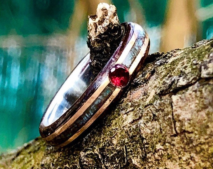 Engagement Ring, Red ruby 3mm Ebony Turquoise and silver line old Wood Wedding Ring Comfort Fit, Gold Wood Wedding Ring, Mens Wood Wedding