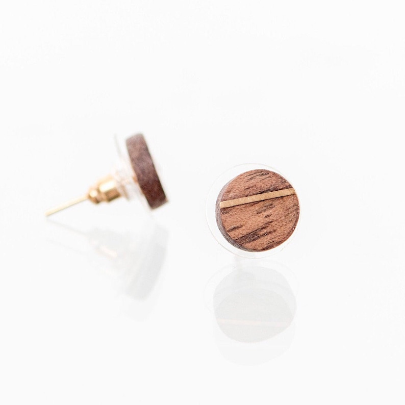 Minimalist round stud earrings Wooden stud earrings with gold inlay Handcrafted recycled wood earring studs