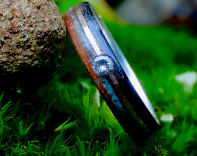 Moissanite Engagement Ring, Silver Wood Ring, Cherry Ebony Band, 14K Gold Wire, Turquoise Inlay, Unique Ring Set